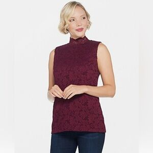 Susan Graver Plum Berry Lace Mock Neck Sleeveless Top, Size S